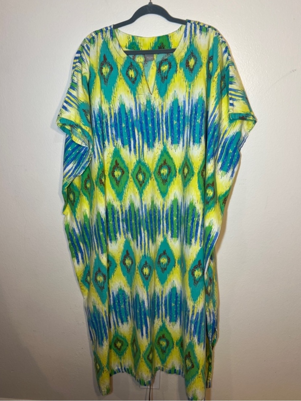 Peppermint Bay Turquoise & Yellow Green Ikat Cotton Maxi Dress Caftan One Size